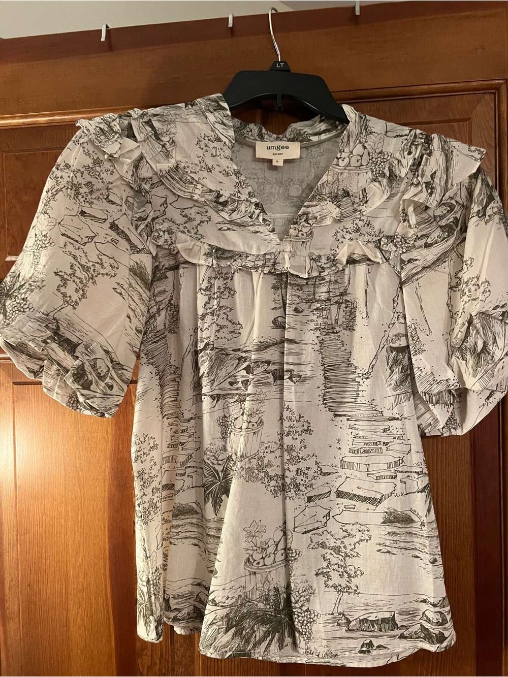 Umgee White and Black Scenic Toile Ruffle-Yoke Blouse